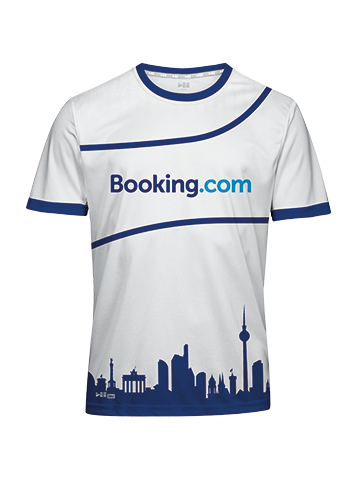 Individuelles Firmenlaufshirt des Kunden Booking.com mit den Wahrzeichen von Berlin als Sublimationsdruck. 