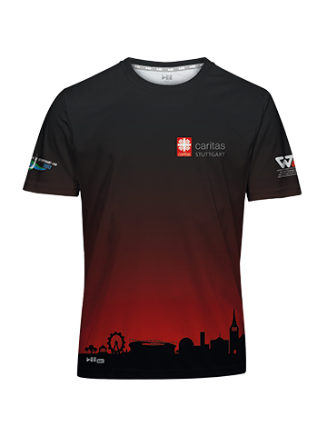 Individuelles Laufshirt für die Caritas beim Start beim Stuttgart-Lauf, bedruckt mit dem Logo und mit der Skyline von Stuttgart.