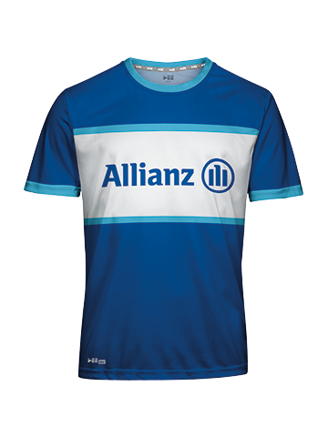 Das schlichte Firmenlaufshirt der Allianz überzeugt mit knalligen Farben in Blau und Türkis sowie einem schönen Design.