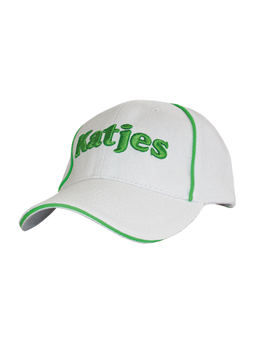 Bestickte Cap für das Unternehmen Katjes Fassin in weiß und grün mit edlen Detailveredelungen am Schildrand.