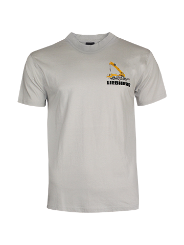 Sonderanfertigung für das Unternehmen Liebherr in Form eines bedruckten Baumwollshirts mit dem Logo und einem gelben Kranwagen.