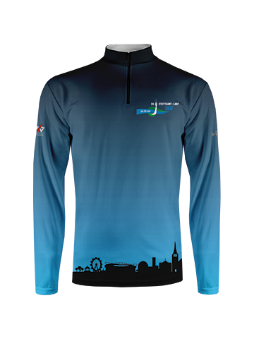 Das sublimierte Langarmshirt aus der Kollektion für den 24. Stuttgart-Lauf  zeigt die Skyline von Stuttgart und das Logo der Veranstaltung.