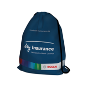 Diesen Sportbeutel haben wir für Bosch entworfen. Er ist blau und der Slogen "My Insurance - Versichert in Bosch Qualität" ist auf der Vorderseite dieses Turnbeutels zu sehen.