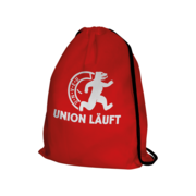 Der rote Sportbeutel für Union Berlin hat den Berlinder Bären und den Slogan Berlin läuft aufgedruckt. Ein cooles aber schlichtes Design.