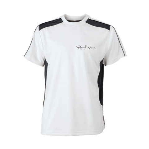 Hier sehen Sie ein schwarz-weißes Funktions-Shirt mit teilsublimierten schwarzem Logo. 