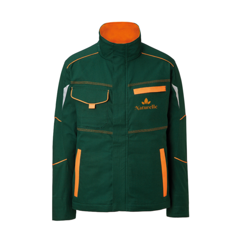 Diese Arbeitsjacke mit Stehkragen überzeugt durch die super moderne Farbkombination aus grün und orange.