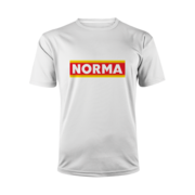 Weißes Laufshirt mit zweifarbigem Logo-Print der Lebensmittelkette Norma.