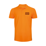 Oranges Poloshirt klassisch veredelt mit einem schwarzen Flexdruck. 