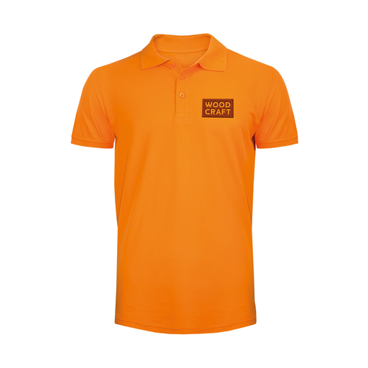 Oranges Poloshirt klassisch veredelt mit einem schwarzen Flexdruck. 