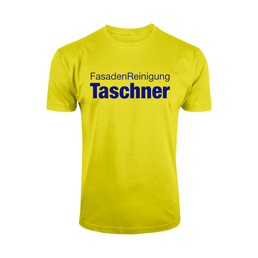 Das T-Shirt im auffälligem Gelb wurde mittels Flexdruck veredelt. 