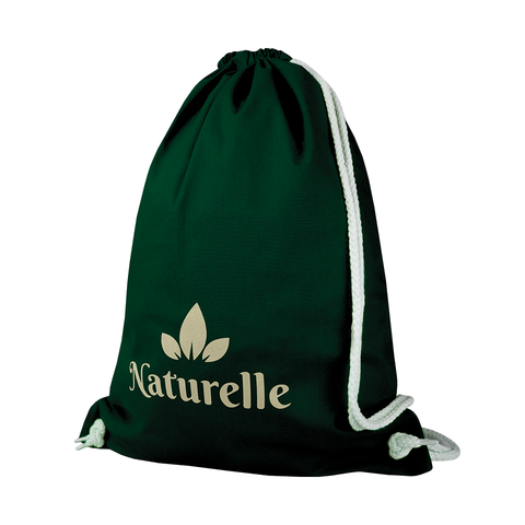 Baumwoll-Gymbag im flaschengrünen Design mit robusten weißen Kordeln.